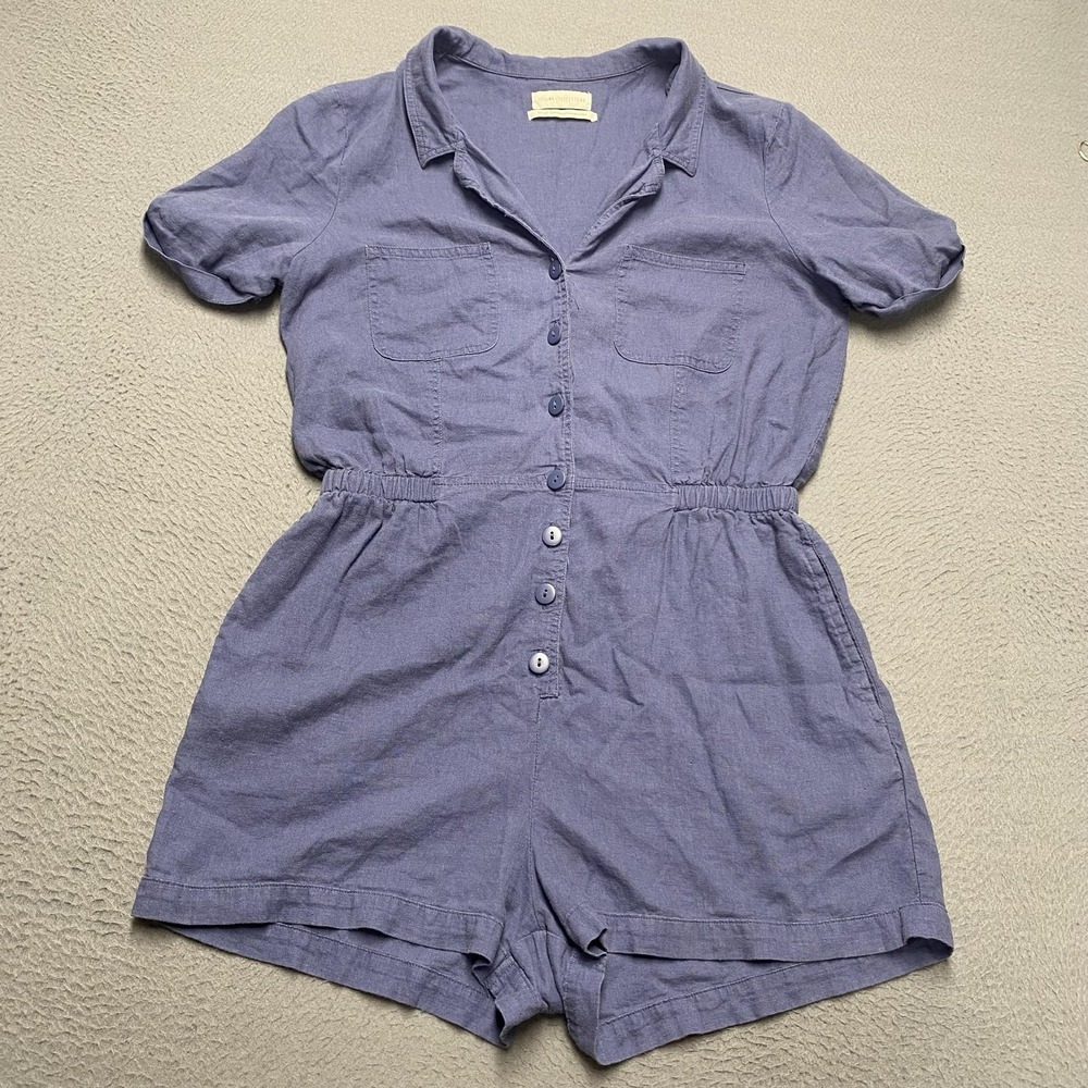 Urban Outfitters Romper Womens Medium Blue Linen Blend Button Front Collared
